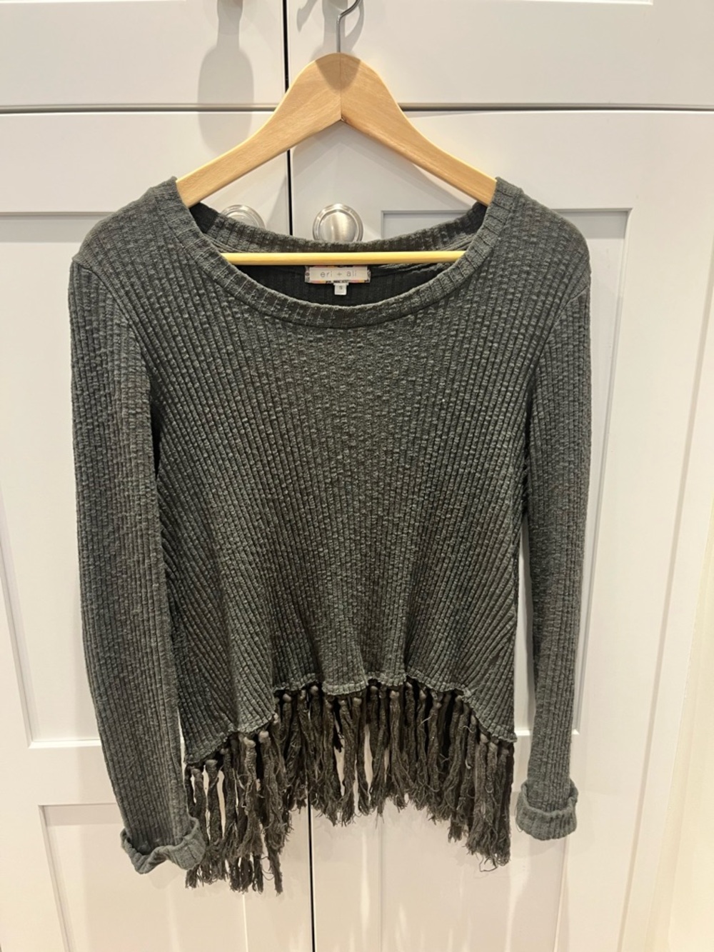 Anthropologie Ribbed Fringe Hem Long-Sleeve Sweater - Green size S